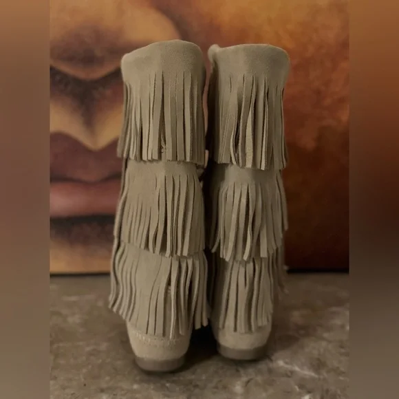 Minnetonka Over the Knee Fringe Boots - Taupe - Picture 2 of 7